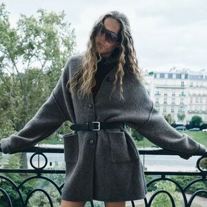 NEW Zara Gray Marl Knit Patch Pocket Coat - Small